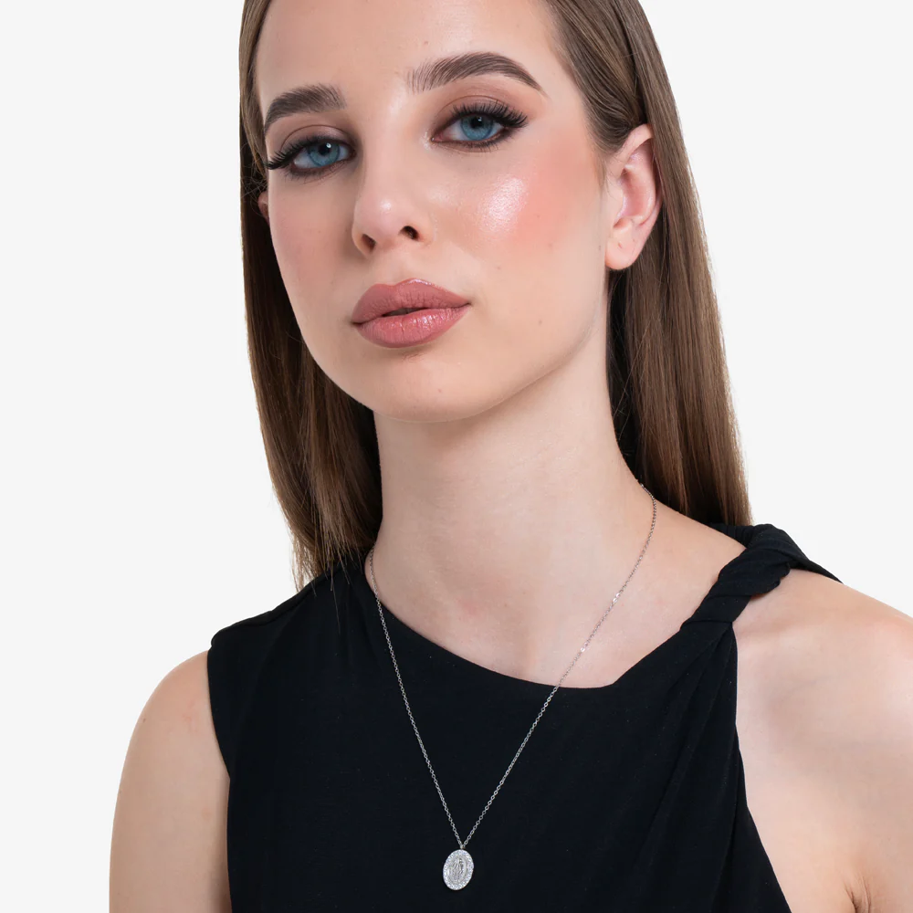 COLLANA DONNA IN ACCIAIO, MEDAGLIETTA CON MADONNINA E ZIRCONI BIANCHI - Image 3