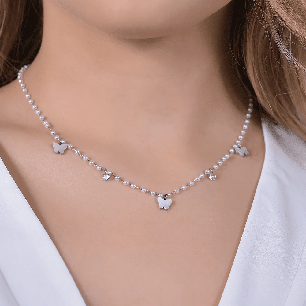 COLLANA DONNA IN ACCIAIO PERLE CON FARFALLE - Image 2