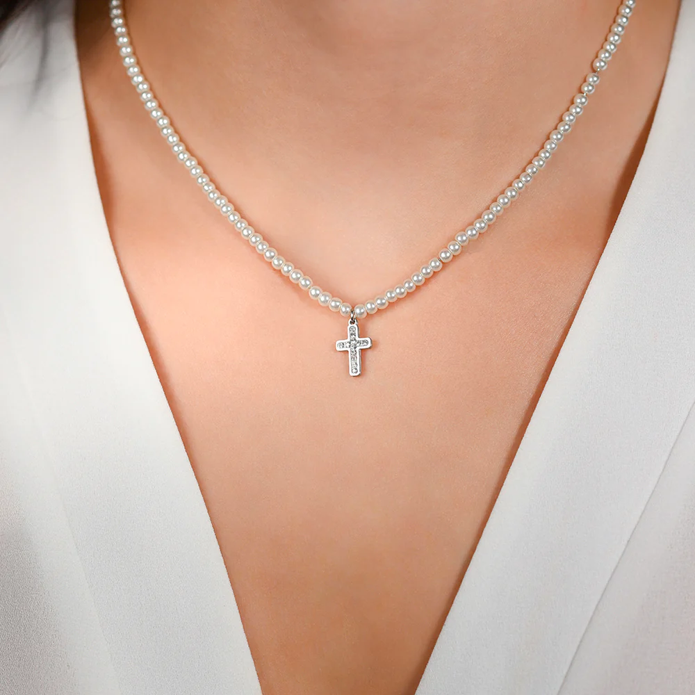 COLLANA DONNA IN ACCIAIO PERLE E CROCE - Image 2