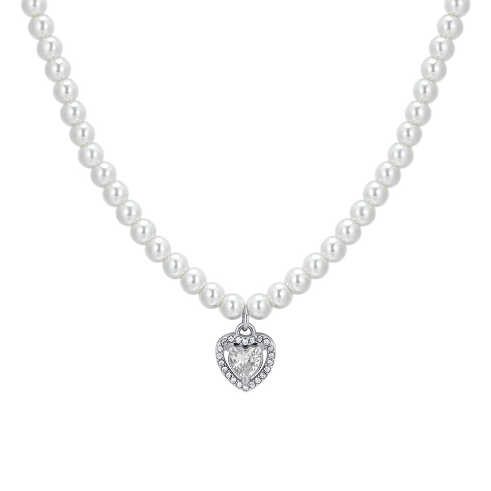 COLLANA DONNA IN ACCIAIO PERLE E CUORE ZIRCONE BIANCO