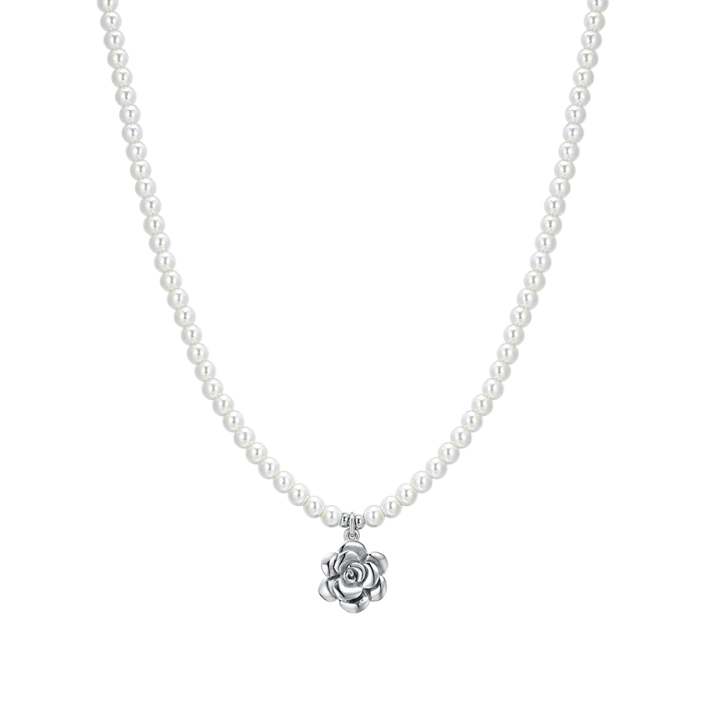 COLLANA DONNA IN ACCIAIO PERLE E ROSA IN ACCIAIO