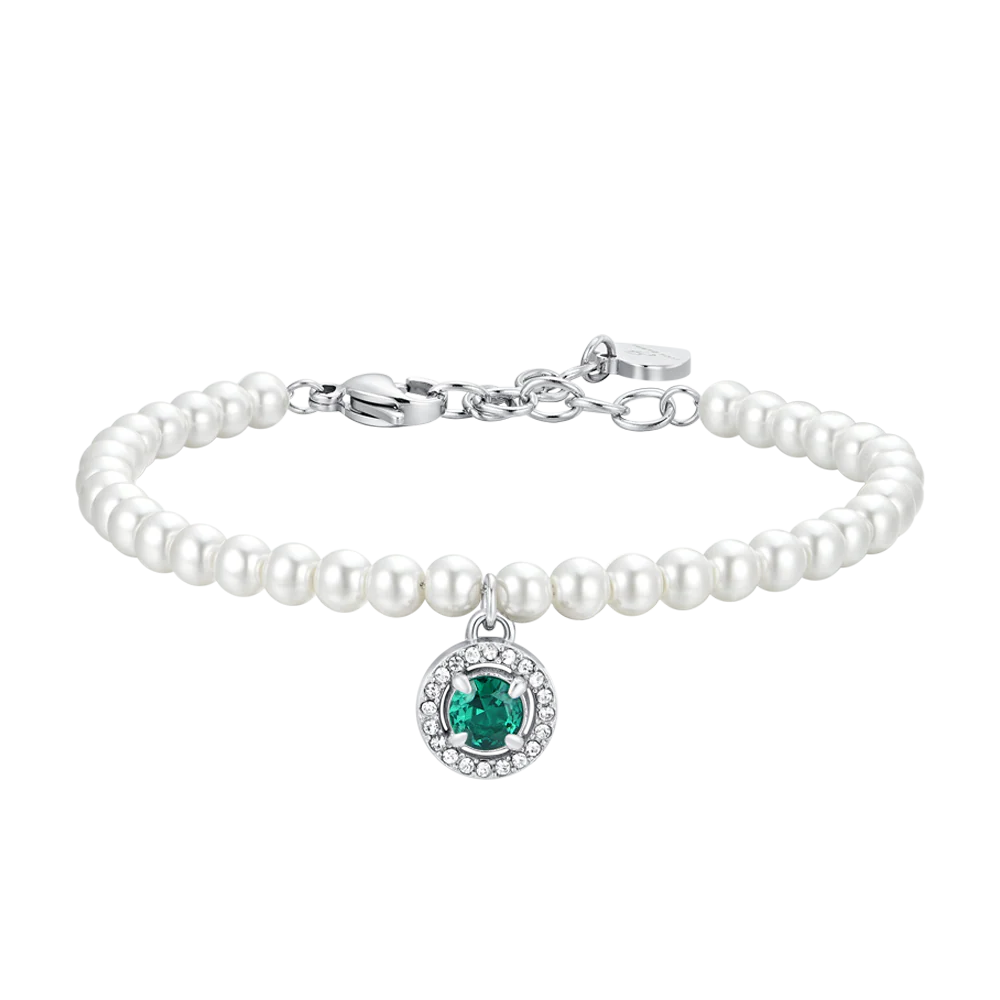 BRACCIALE DONNA IN ACCIAIO PERLE SINTETICHE E ZIRCONE VERDE