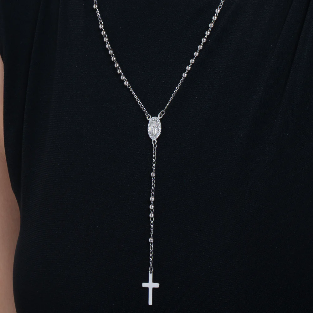 COLLANA DONNA ROSARIO IN ACCIAIO, MEDAGLIETTA CON MADONNINA MIRACOLOSA E ZIRCONI - Image 2
