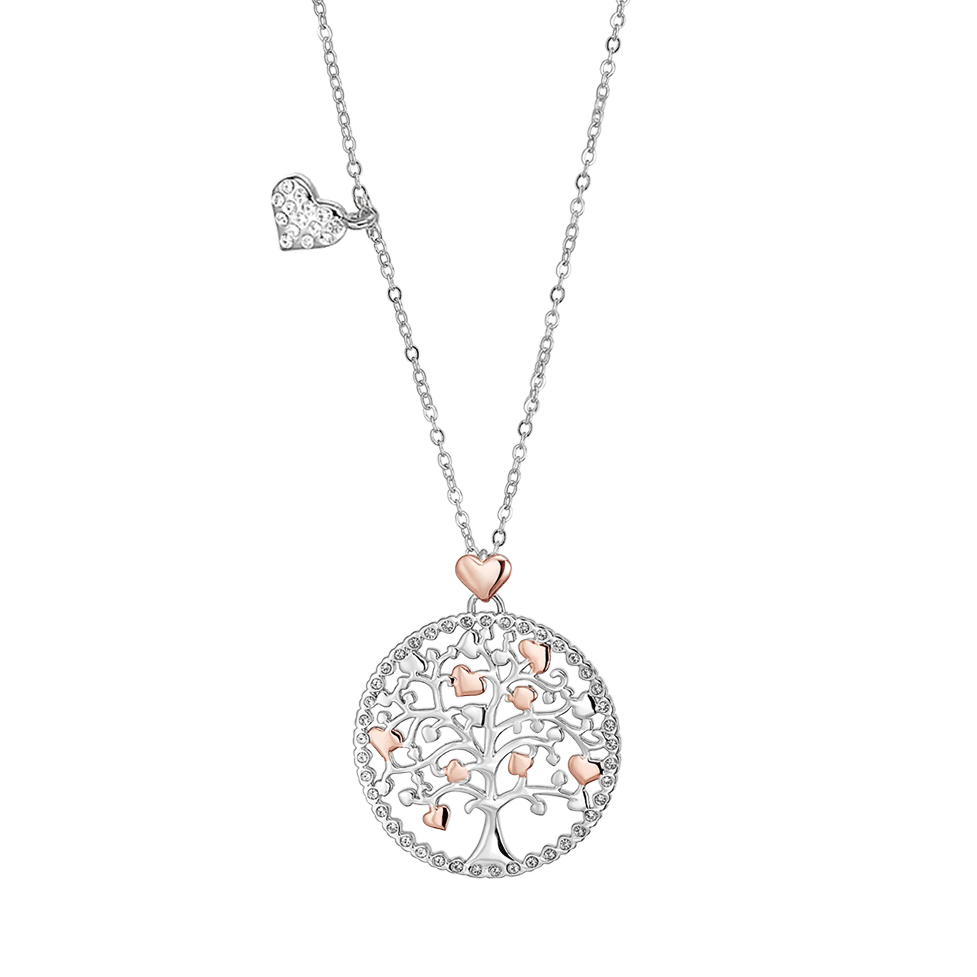 COLLANA DONNA IN ACCIAIO, ALBERO DELLA VITA CON CUORI ROSE'