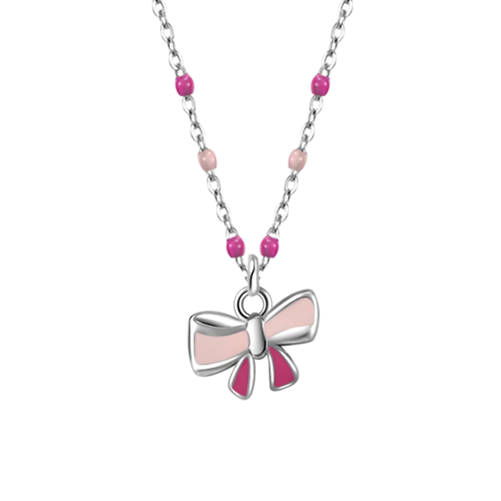 COLLANA IN ACCIAIO, FIOCCO CON SMALTO ROSA E FUCSIA E PIETRE COLORATE - Image 2