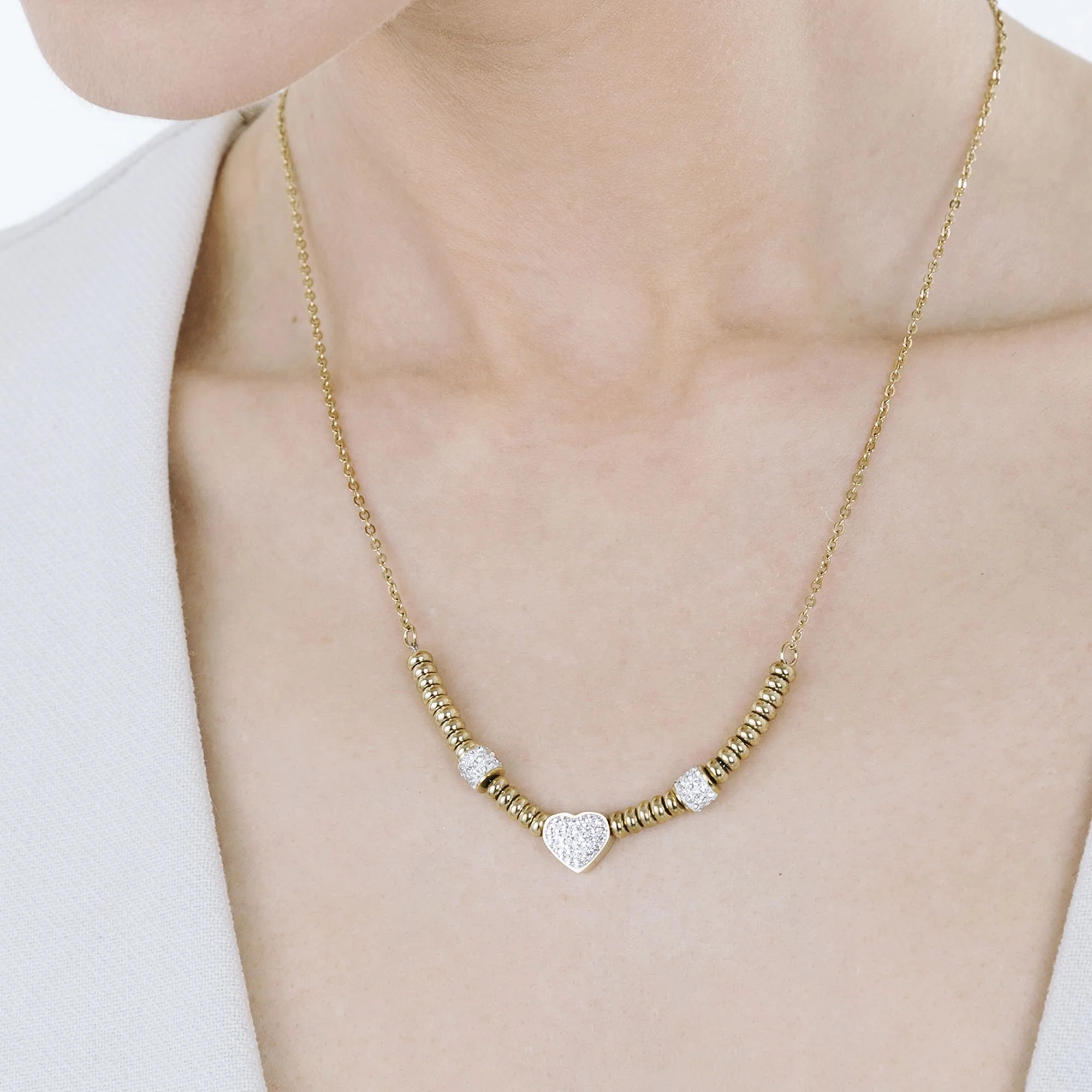 COLLANA IN ACCIAIO IP GOLD CON CUORE CON CRISTALLI BIANCHI - Image 2