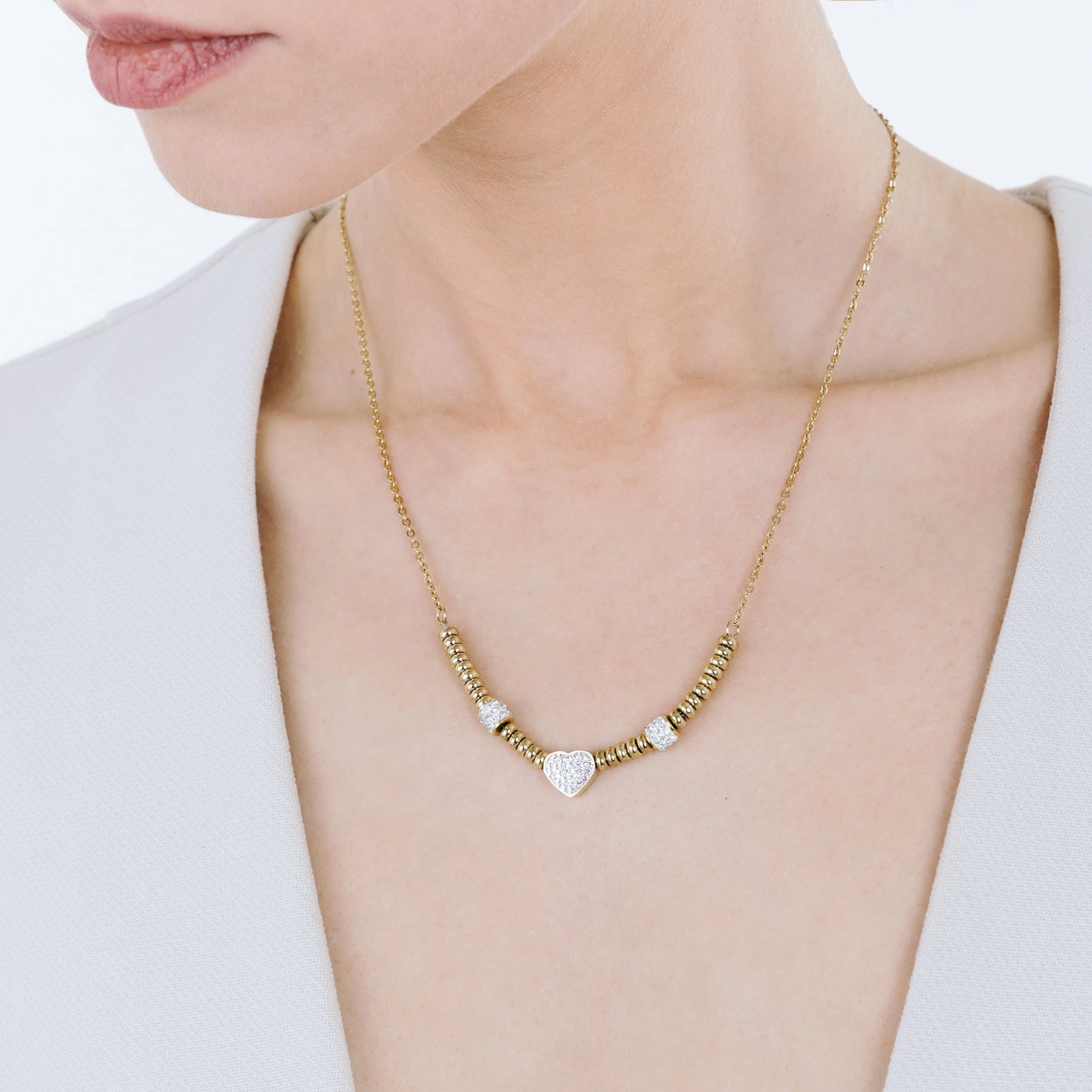 COLLANA IN ACCIAIO IP GOLD CON CUORE CON CRISTALLI BIANCHI - Image 3