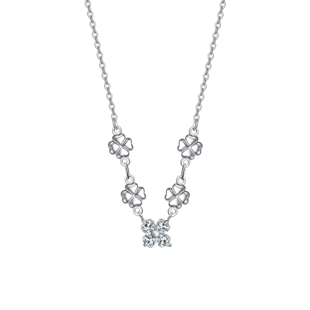 COLLANA IN ACCIAO CON QUADRIFOGLI E ZIRCONI BIANCHI