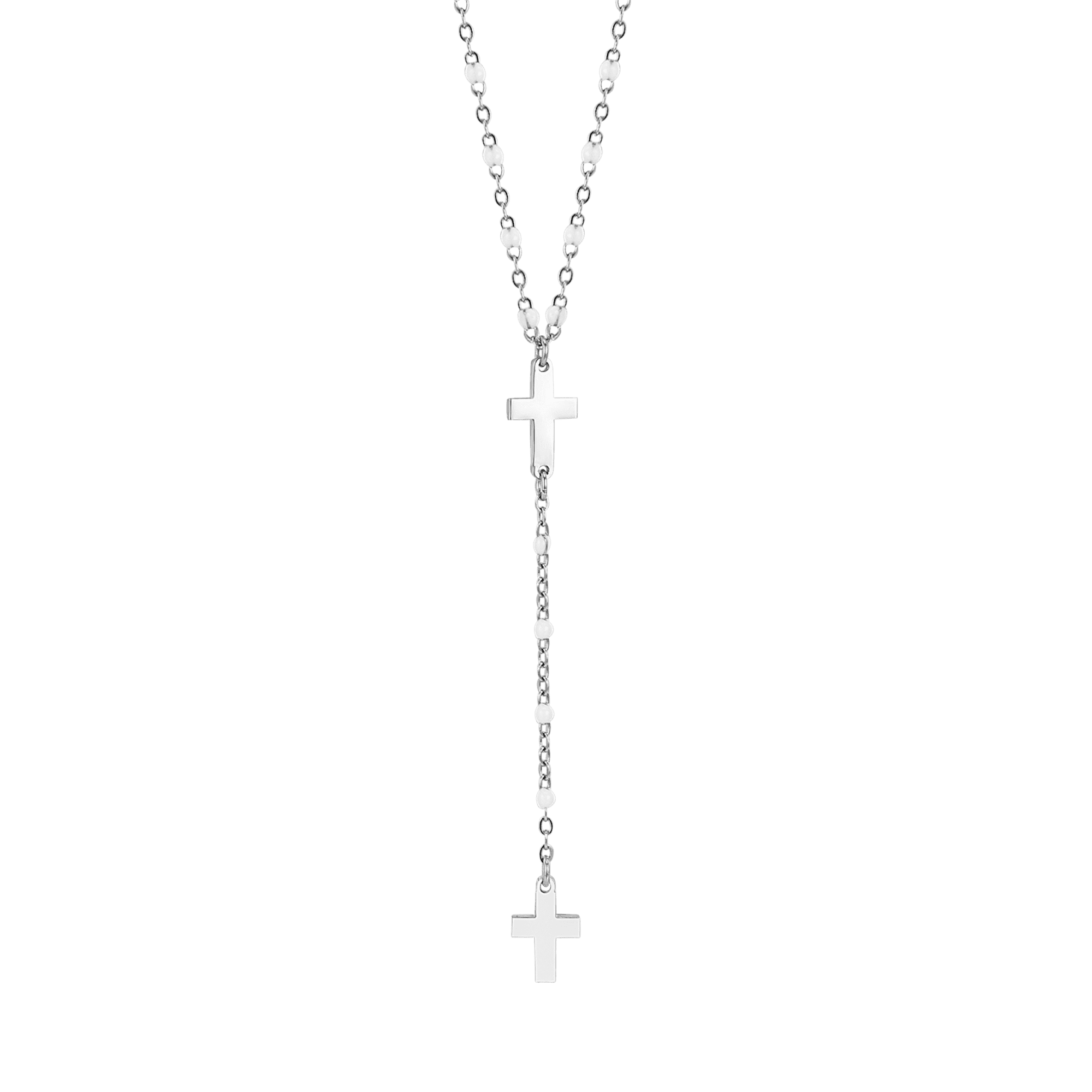 COLLANA ROSARIO DONNA IN ACCIAIO CON CROCI ED ELEMENTI BIANCHI