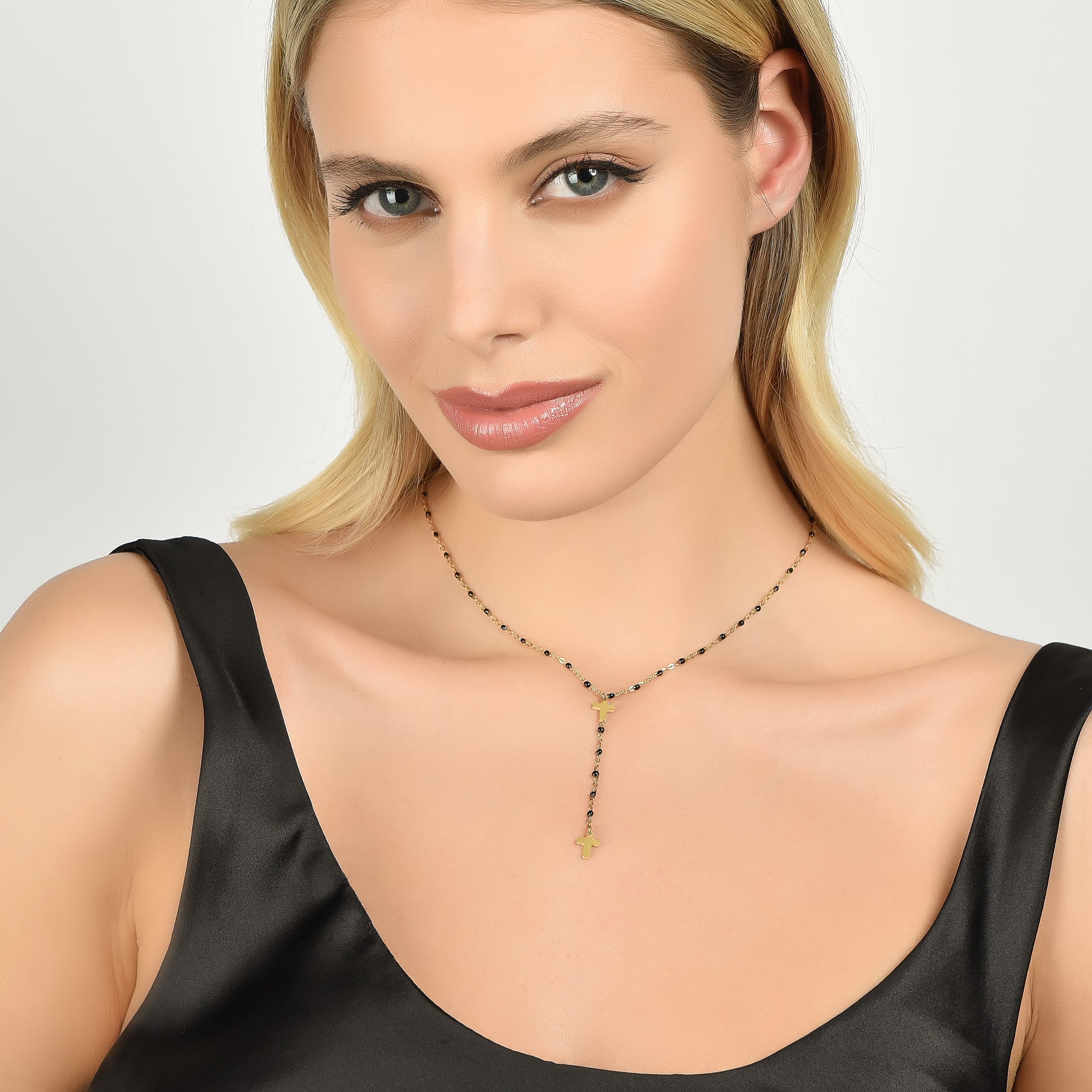 COLLANA ROSARIO DONNA IN ACCIAIO CON CROCI ED ELEMENTI NERI - Image 3