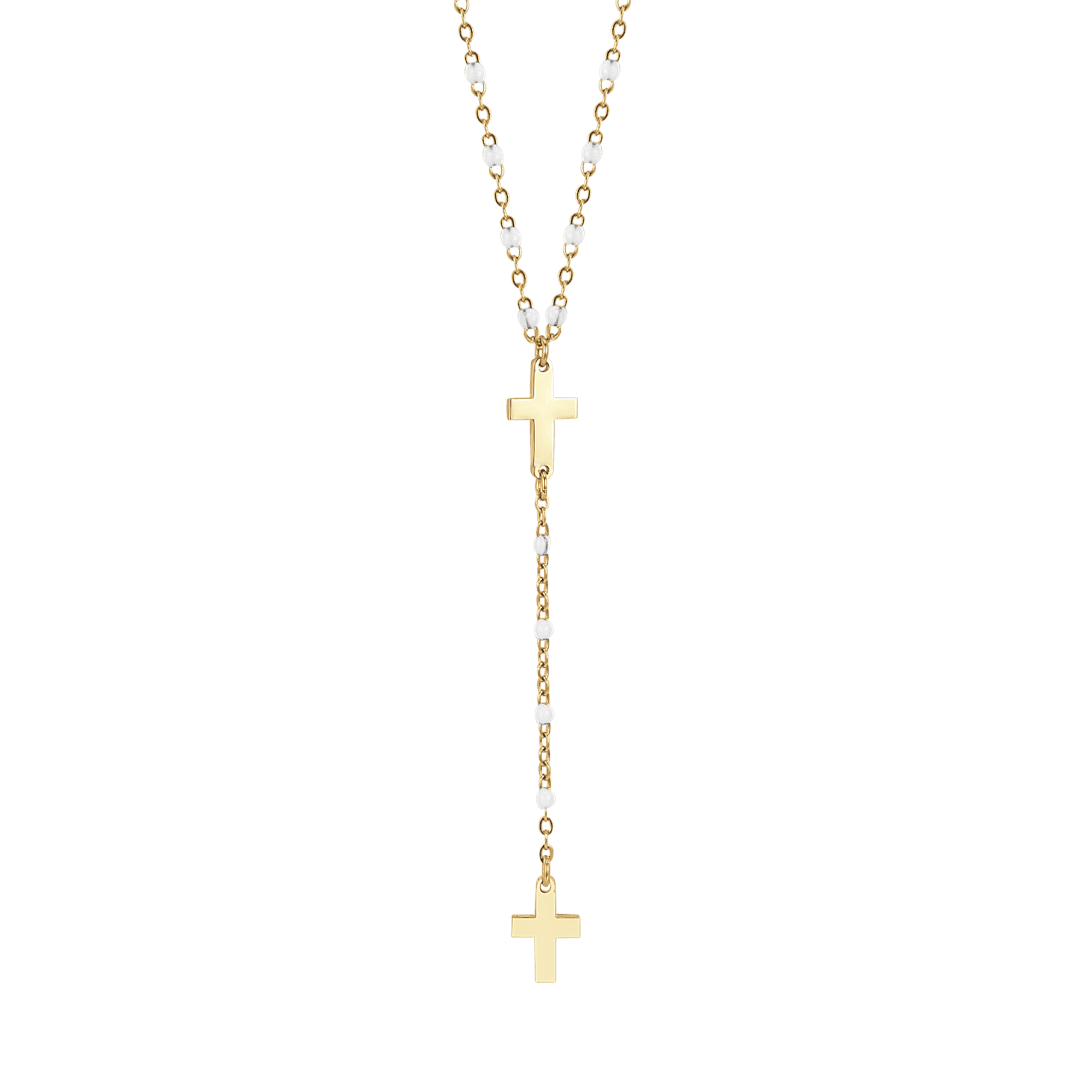 COLLANA ROSARIO DONNA IN ACCIAIO IP GOLD CON CROCI ED ELEMENTI BIANCHI