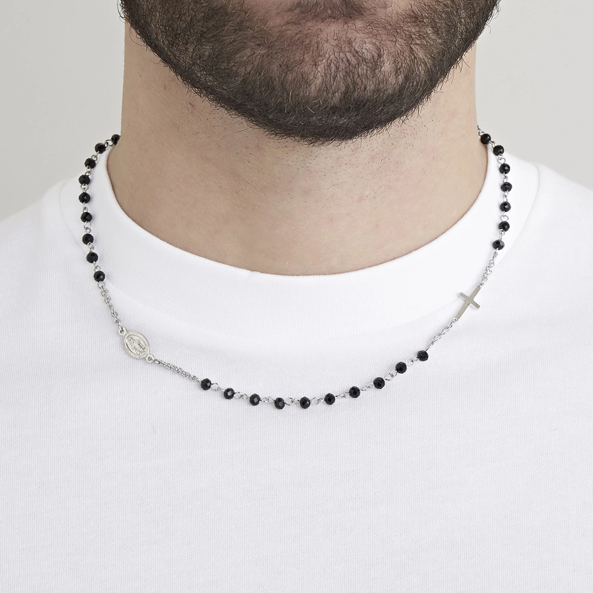 COLLANA UOMO ROSARIO IN ACCIAIO CON PIETRA LAVICA - Image 2