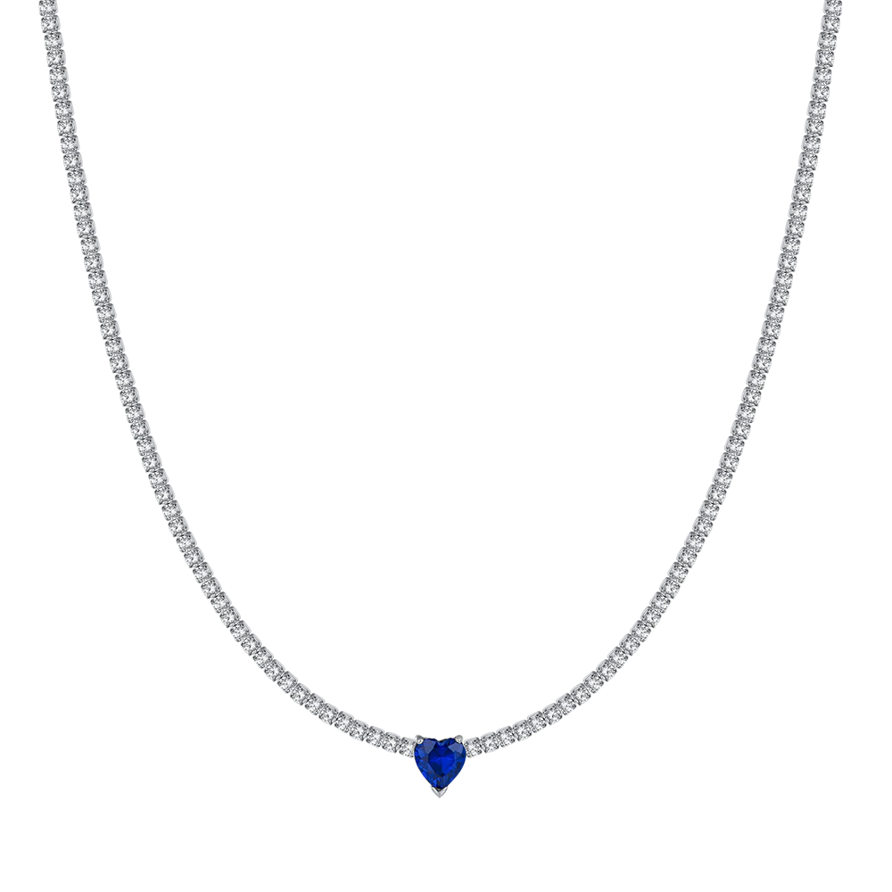 COLLANA TENNIS DONNA IN ACCIAIO CON CRISTALLI BIANCHI E CUORE CRISTALLO BLU