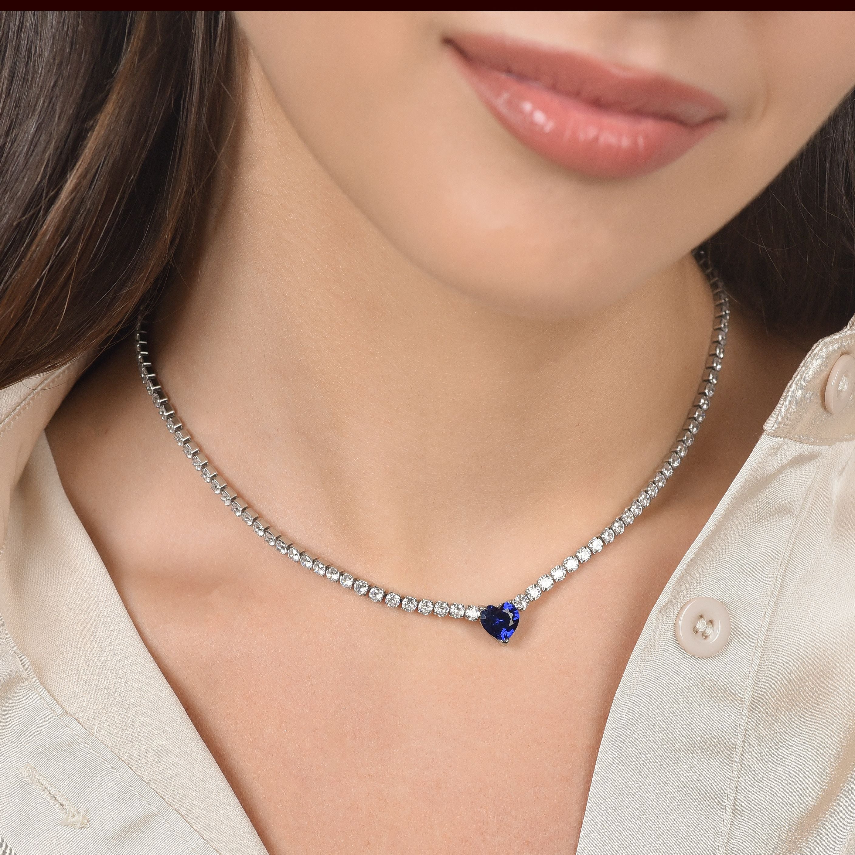 COLLANA TENNIS DONNA IN ACCIAIO CON CRISTALLI BIANCHI E CUORE CRISTALLO BLU - Image 2