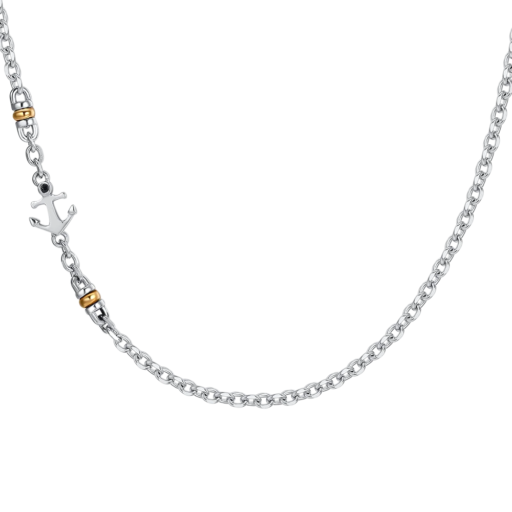 COLLANA UOMO IN ACCIAIO CON ANCORA, ZIRCONE NERO ED ELEMENTI IN IP GOLD - Image 3