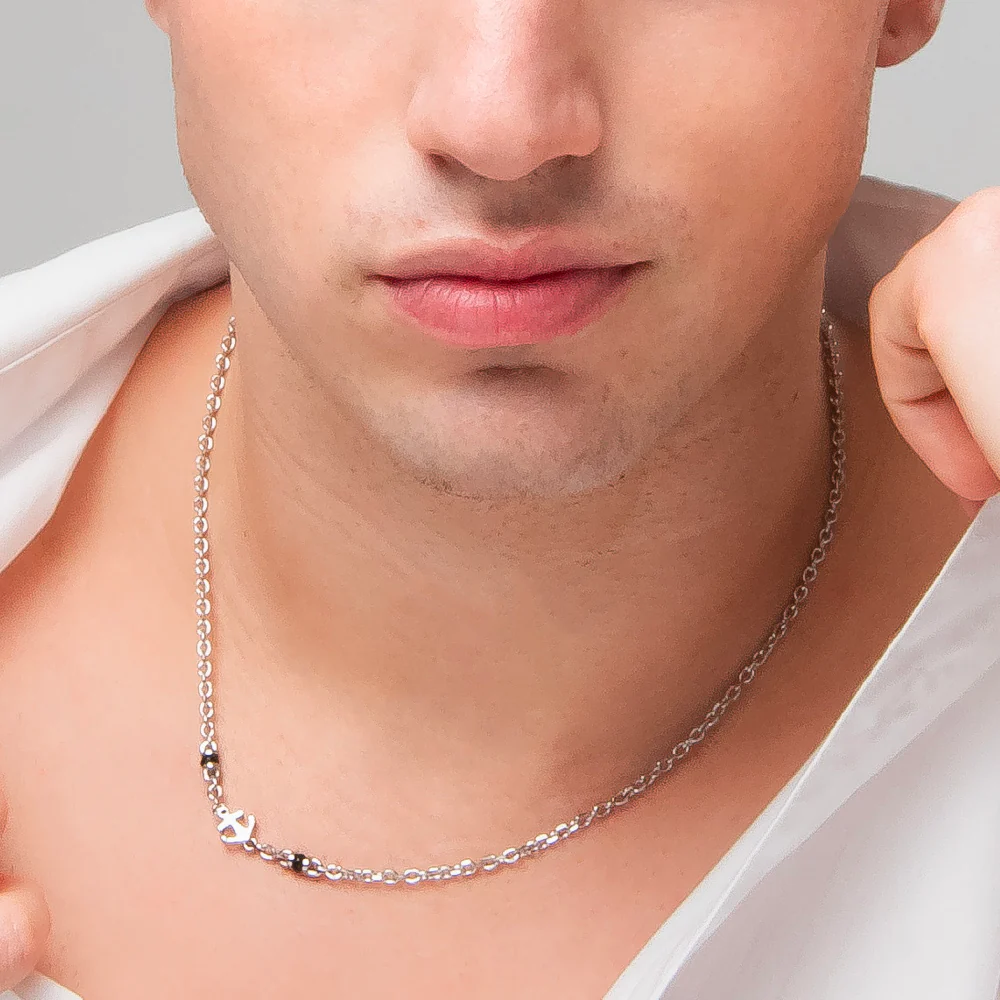 COLLANA UOMO IN ACCIAIO CON ANCORA, ZIRCONE NERO ED ELEMENTI IN IP NERO - Image 2