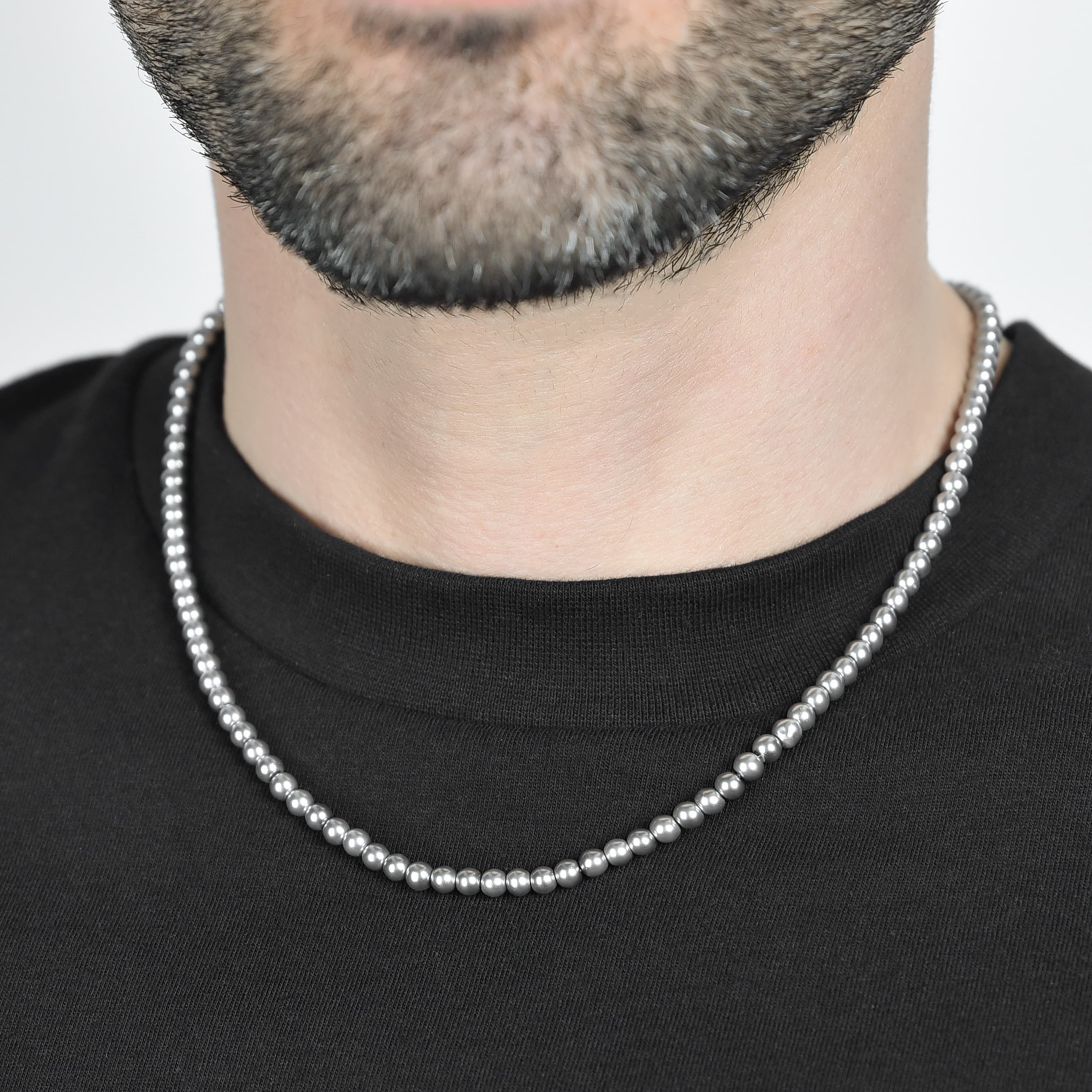 COLLANA UOMO IN ACCIAIO CON PERLE GRIGIE - Image 2