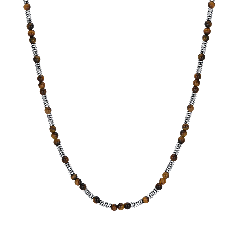 COLLANA UOMO IN ACCIAIO CON PIETRE OCCHIO DI TIGRE ED ELEMENTI IN ACCIAIO