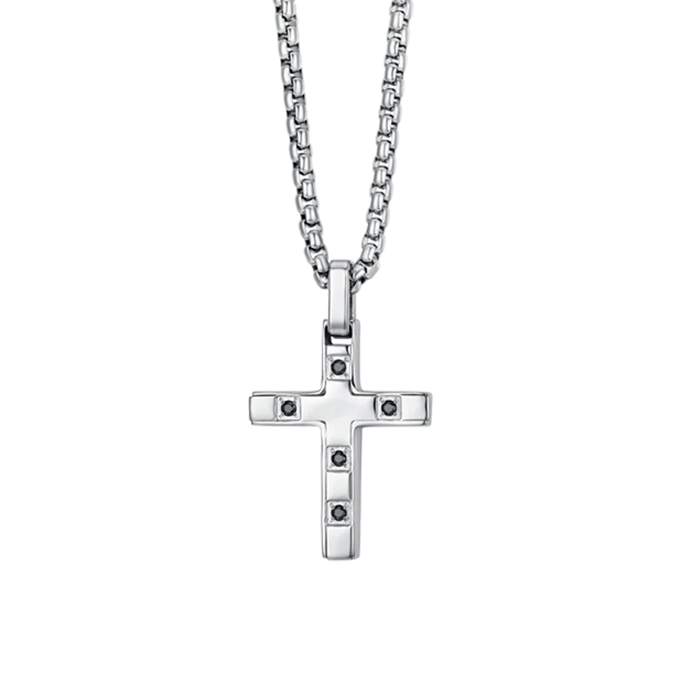 COLLANA UOMO IN ACCIAIO CROCE CON CRISTALLI NERI - Image 4