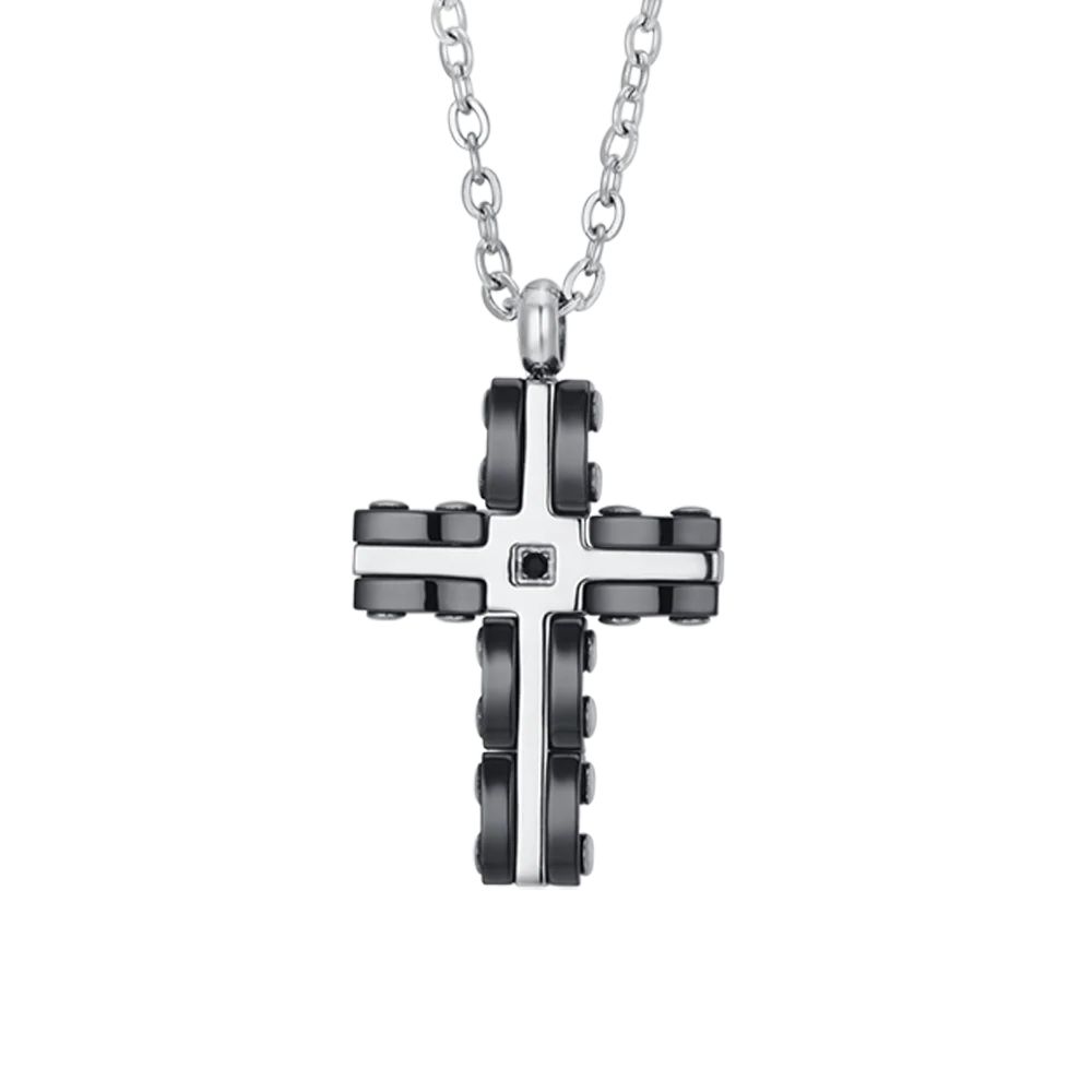 COLLANA UOMO IN ACCIAIO CROCE IN ACCIAIO E CERAMICA NERA - Image 4