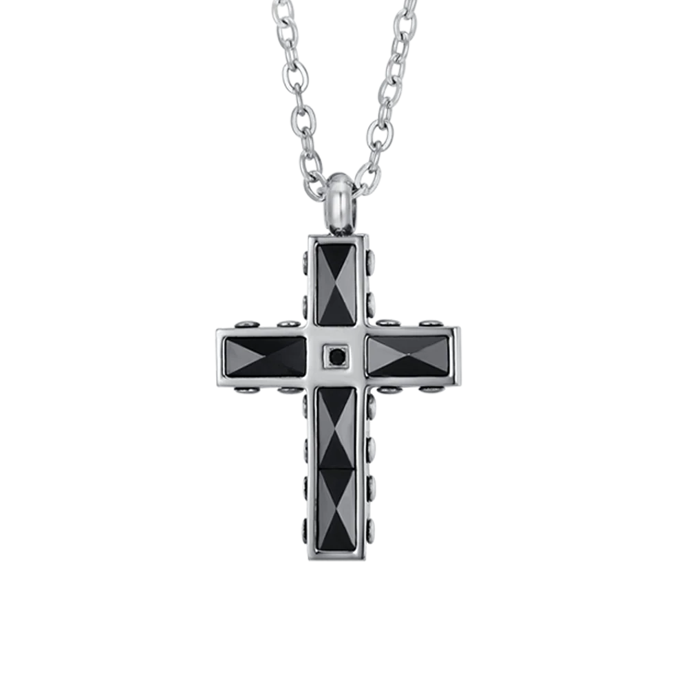COLLANA UOMO IN ACCIAIO CROCE IN ACCIAIO E CERAMICA NERA CON CRISTALLO NERO - Image 4