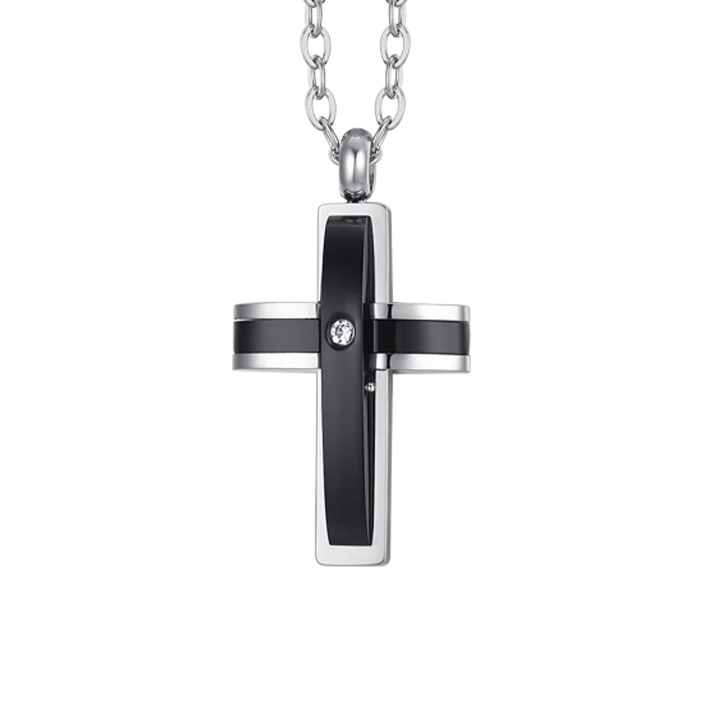 COLLANA UOMO IN ACCIAIO CROCE IP NERO E ZIRCONE - Image 4