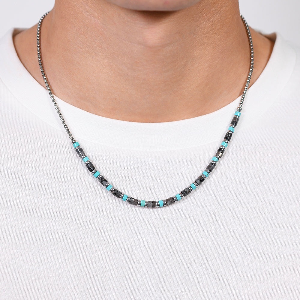 COLLANA UOMO IN ACCIAIO PIETRE GRIGIE E TURCHESI - Image 2