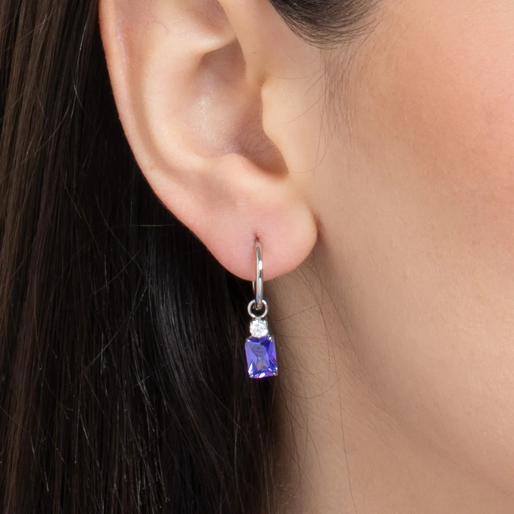 MONO ORECCHINO DONNA IN ACCIAIO CON ZIRCONI VIOLA E BIANCHI - Image 2