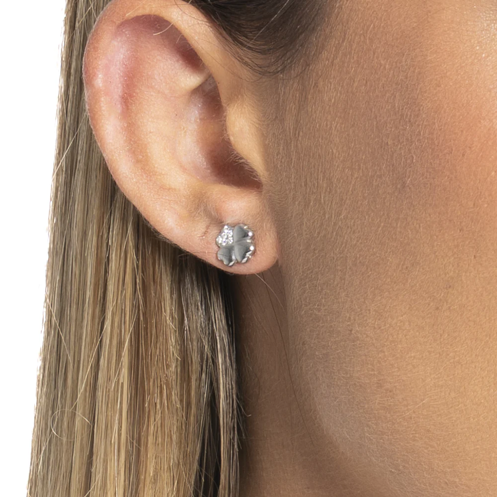 MONO ORECCHINO DONNA IN ACCIAIO CON QUADRIFOGLIO CON PETALO CON PUNTI LUCE ZIRCO - Image 2