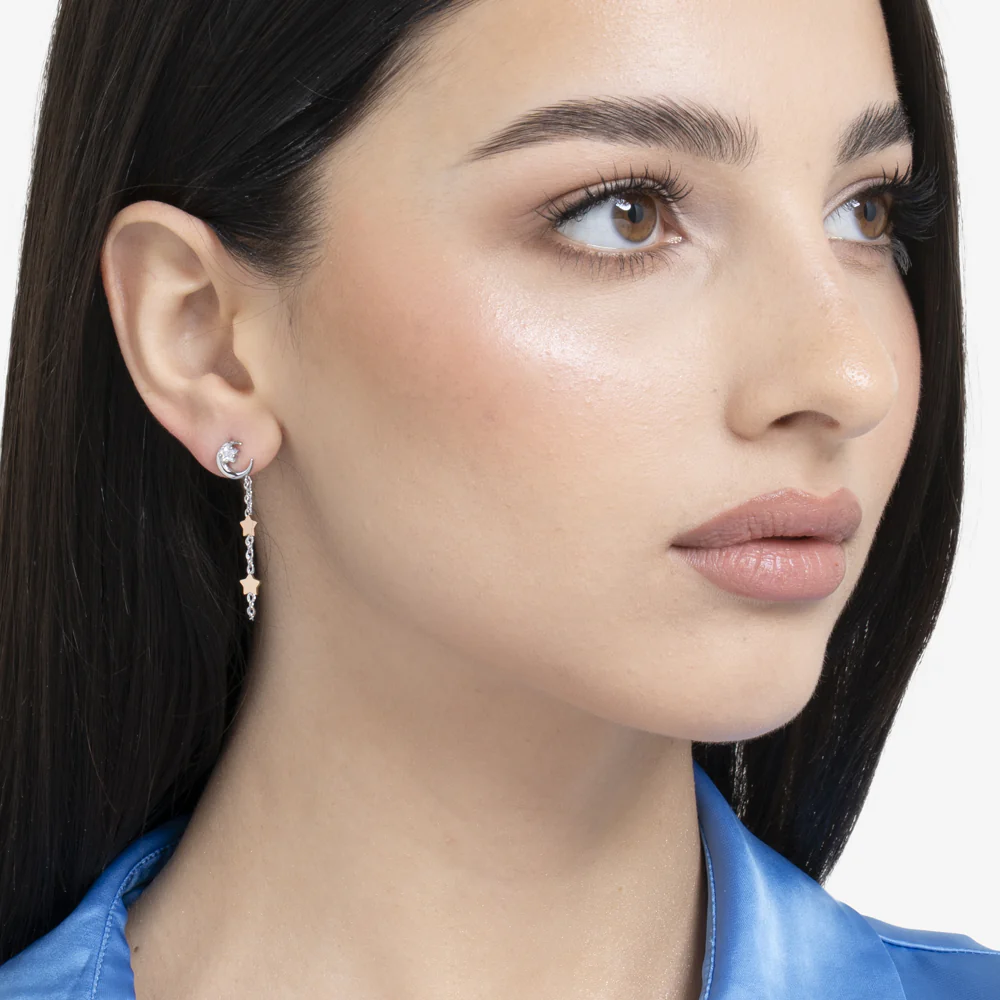 MONO ORECCHINO DONNA IN ACCIAIO, LUNA CON ZIRCONE BIANCO E STELLE - Image 3