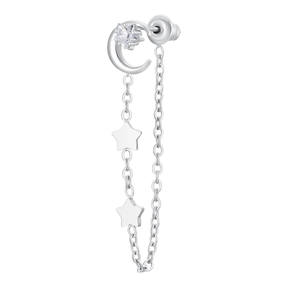MONO ORECCHINO DONNA IN ACCIAIO, LUNA CON ZIRCONE BIANCO E STELLE