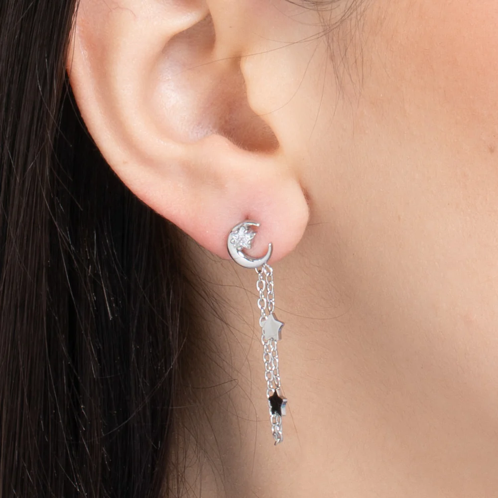MONO ORECCHINO DONNA IN ACCIAIO, LUNA CON ZIRCONE BIANCO E STELLE - Image 2