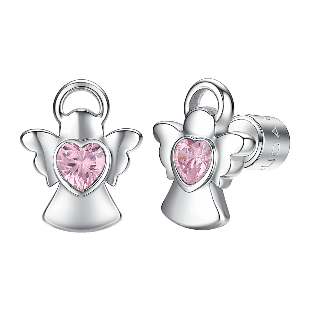 ORECCHINI BAMBINA IN ACCIAIO ANGELO CON ZIRCONE ROSA
