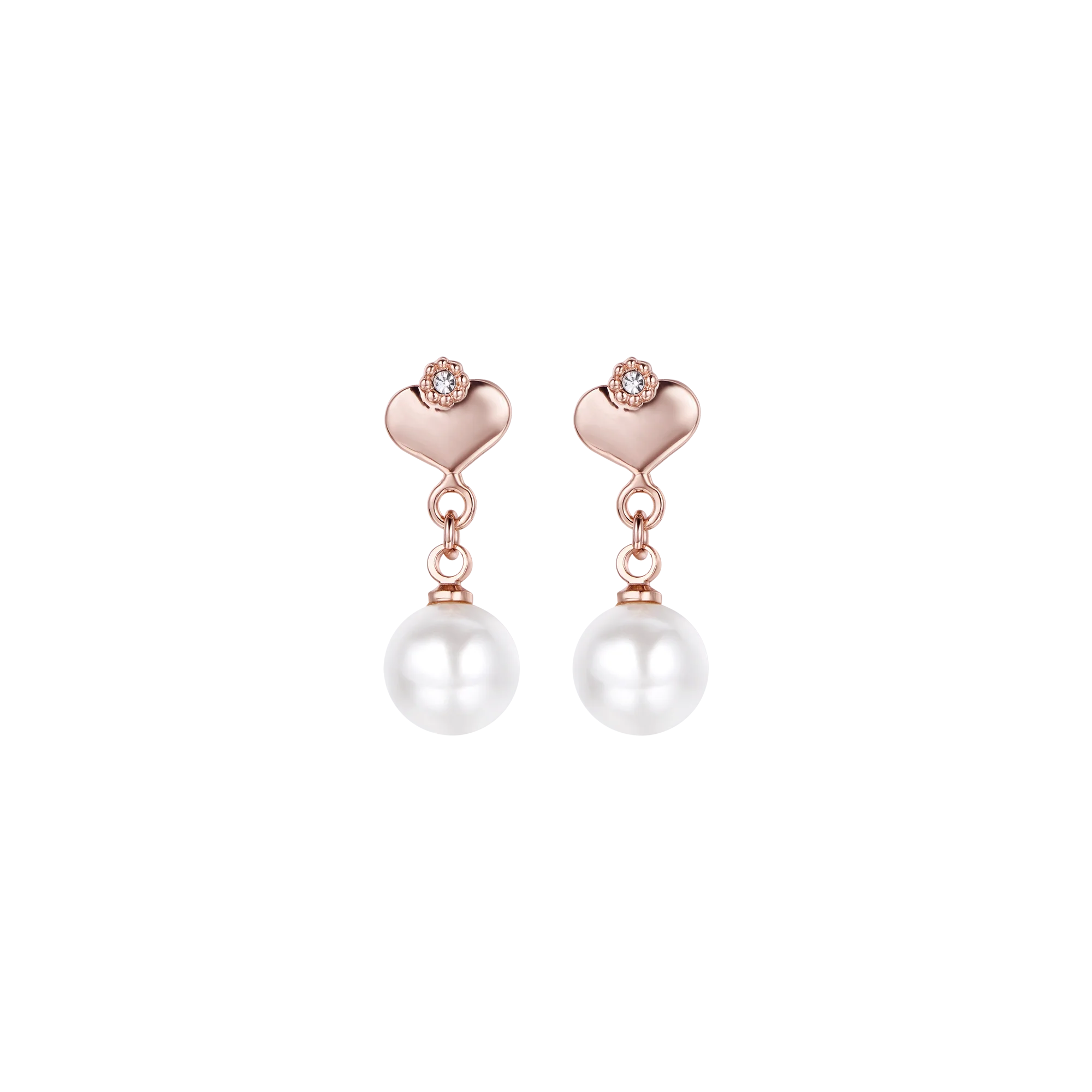 ORECCHINI IN METALLO ROSE' CON PERLE SINTETICHE BIANCHE E CUORI CON CRISTALLI