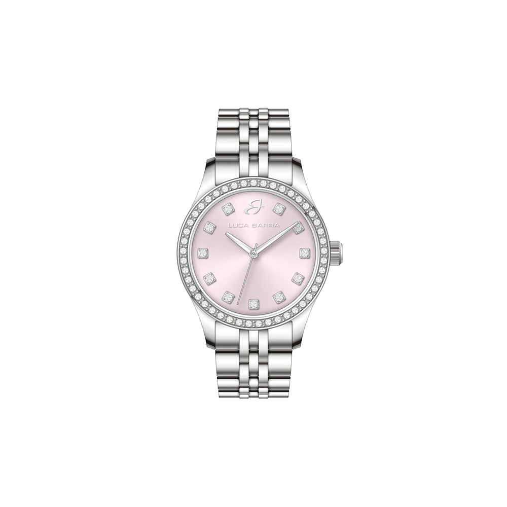 OROLOGIO DONNA IN ACCIAIO CON QUADRANTE ROSA E GHIERA CON CRISTALLI BIANCHI
