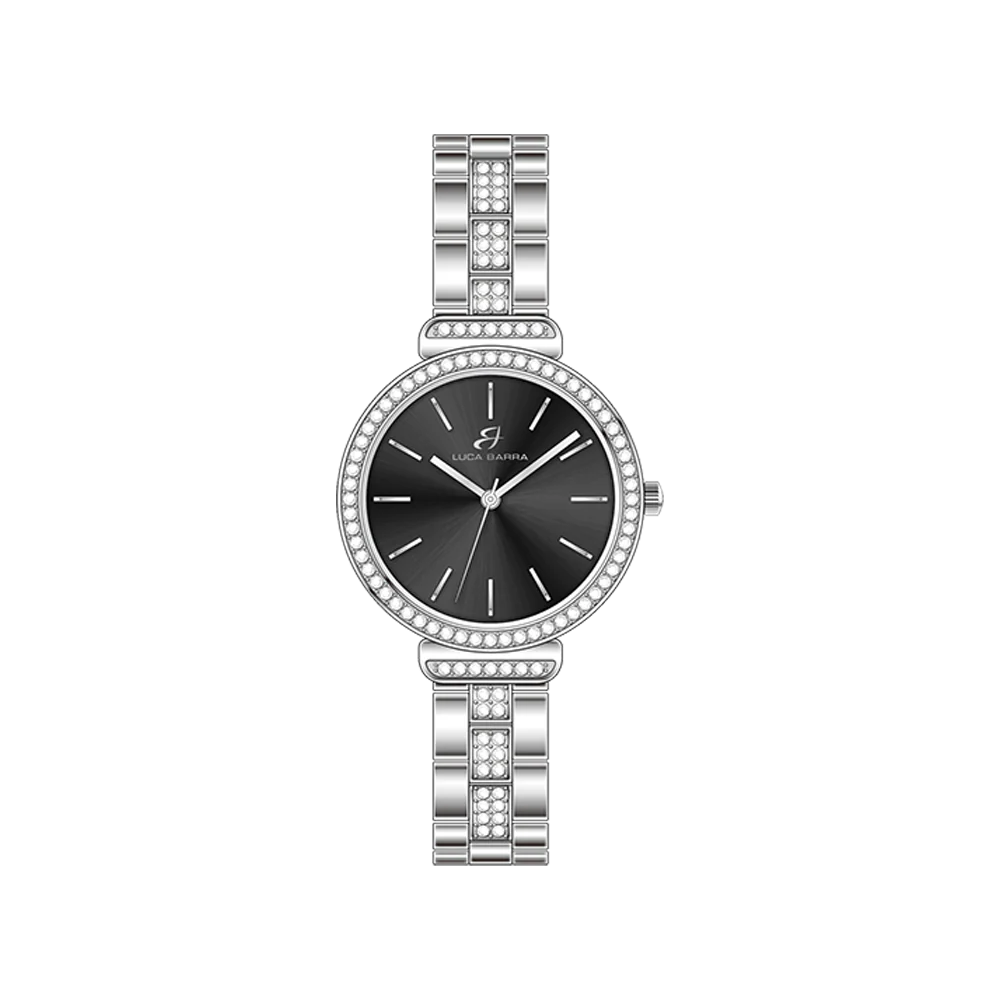 OROLOGIO DONNA IN ACCIAIO CRISTALLI GHIERA E QUADRANTE NERO