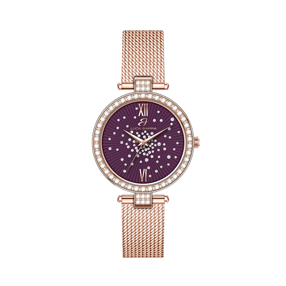 OROLOGIO DONNA IN ACCIAIO IP ROSE QUADRANTE VIOLA GHIERA CON CRISTALLI BIANCHI