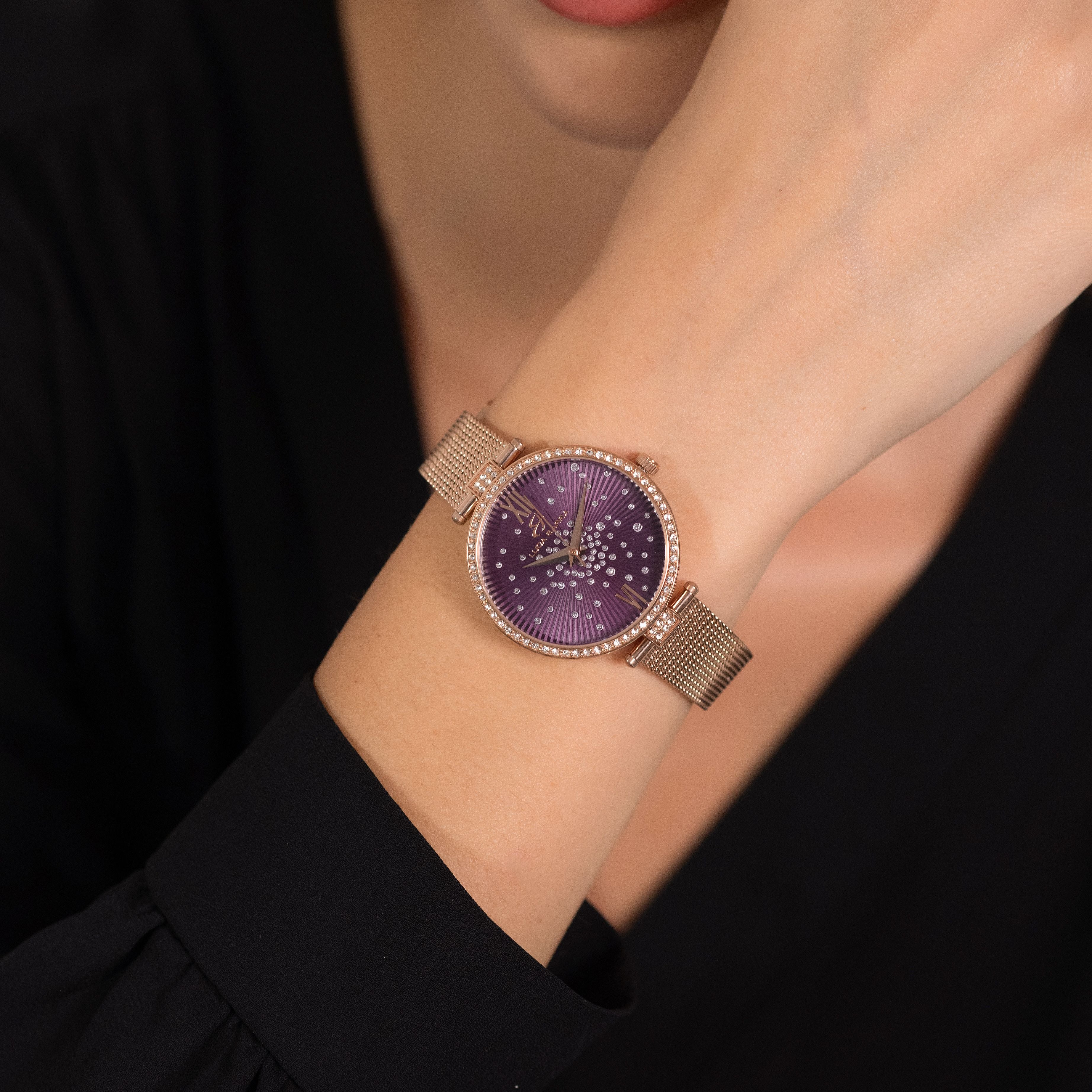 OROLOGIO DONNA IN ACCIAIO IP ROSE QUADRANTE VIOLA GHIERA CON CRISTALLI BIANCHI - Image 2