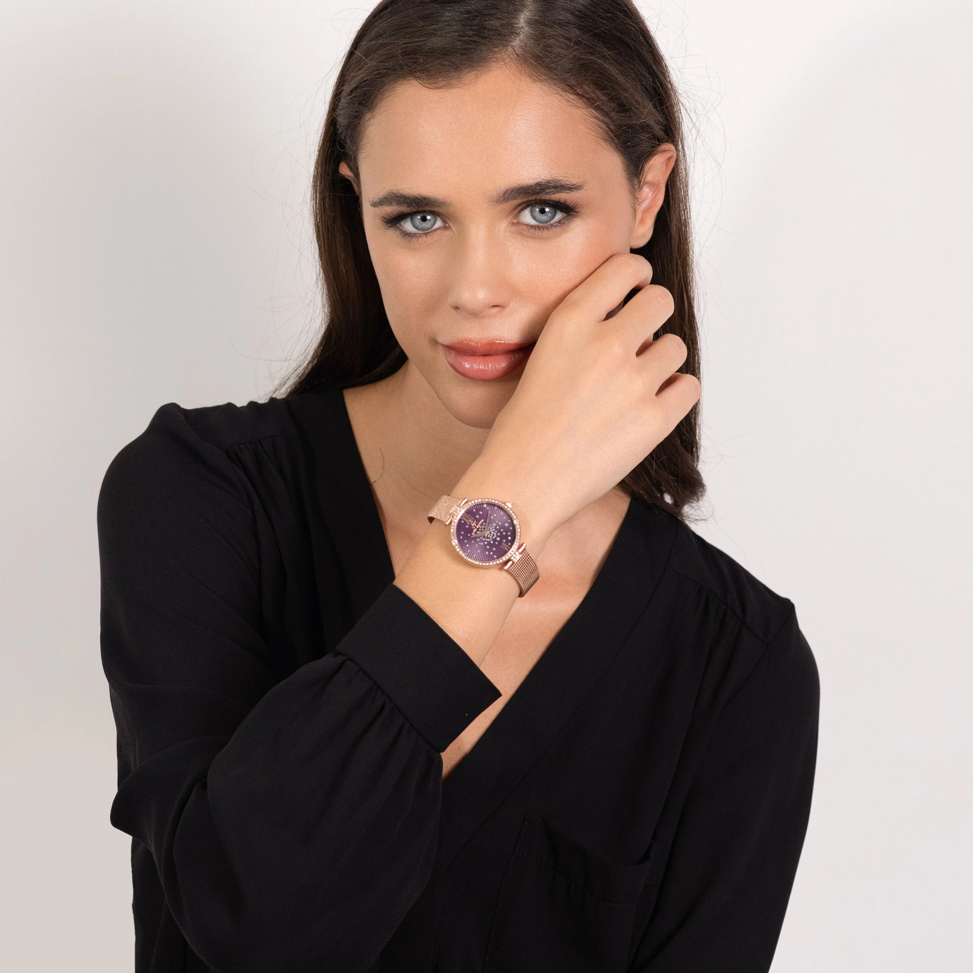 OROLOGIO DONNA IN ACCIAIO IP ROSE QUADRANTE VIOLA GHIERA CON CRISTALLI BIANCHI - Image 3
