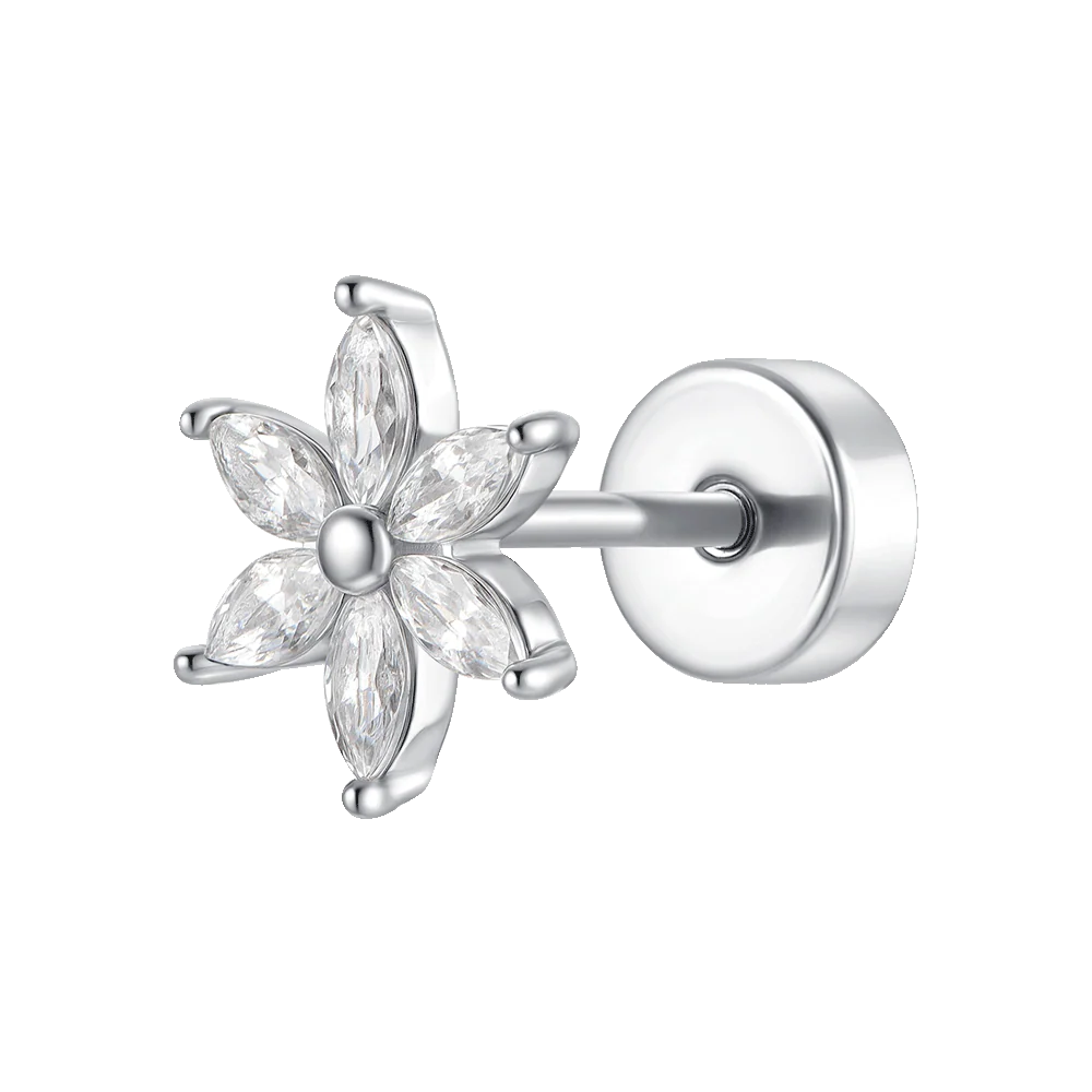 PIERCING ORECCHIO DONNA IN ACCIAIO FIORE PETALI ZIRCONI BIANCHI